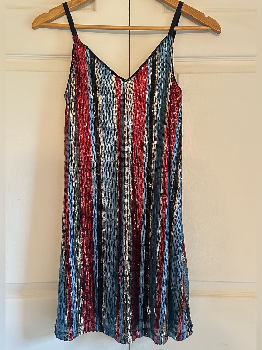 As U Wish Red and Blue Sequined Striped Camisole Mini Dress